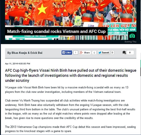 Tờ Goal đưa tin về tiêu cực ở Việt Nam Tờ Goal đưa tin về tiêu cực ở Việt Nam