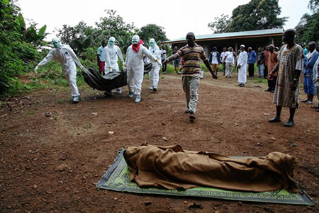 Nhân viên y tế di chuyển thi thể bệnh nhân Ebola ở khu vực ngoại ô thủ đô Monrovia, Liberia. Ảnh: EPA.
